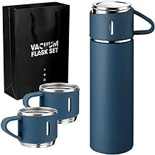 CA&KO|Premium Stainless Steel Travel Flask with 3 Cups, with Built-in Leakproof Lid 500 ml, Airtight Seal Retains Cold and Hot Up to 14 Hours (Indigo Blue)