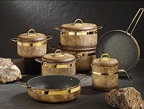 Brioni ROYAL STONE Natural Granite Cookware Set - 12 PCs (4 Pots 18/20/24/28, Oven Tray 28 Cm, Frying Pan 28 Cm, Milk Pot 2 Litre) - Tiger Eye/Gold