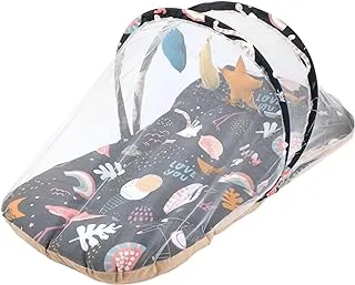 Mix&Max Cotton Portable Baby Bed With Pillow, Mosquito Net&Toys Printed Shapes For Unisex-Multicolor