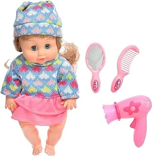 Generic Plastic Medium Pretty Baby Doll With Elegant knitwear Dress And Baby Care Supplies Add More Entertaining For Girls Set Of 6 Pieces - Multi Color