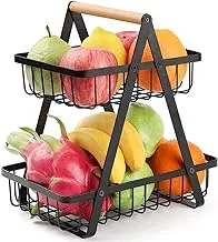 Kitchen Fruit Holder,Meiyaa Detachable 2 Tier Metal Fruit Basket kitchen Storage Bread Vegetable Fruit Bowl Stand with Wood Handle for Kitchen,Dining Table,Pantry Cabinet (Black)