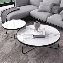 sama steel center table consisting of two pieces with dimensions : diameter 80cm * height 40cm and diameter 50cm made of steel with black electrostatic coating and marble