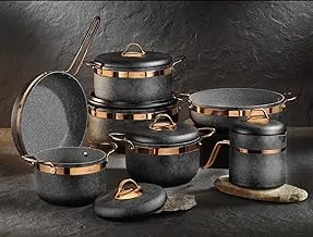 Brioni ROYAL STONE Natural Granite Cookware Set - 12 PCs (4 Pots 18/20/24/28, Oven Tray 28 Cm, Frying Pan 28 Cm, Milk Pot 2 Litre) - Dark Gray (Anthracite) / Copper