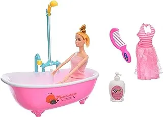 Generic Plastic Pretty Fashion Doll Bath With Amazing Fluffy Dress And Bathing Tools Add More Entertaining For Girls Set Of 6 Pieces - Multi Color