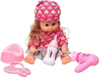 Generic Plastic Medium Pretty Baby Doll With Elegant knitwear Dress And Baby Care Supplies Add More Entertaining For Girls Set Of 6 Pieces - Multi Color