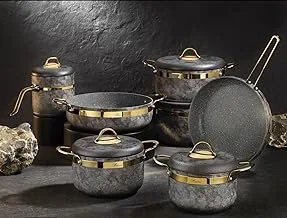 Brioni ROYAL STONE Natural Granite Cookware Set - 12 PCs (4 Pots 18/20/24/28, Oven Tray 28 Cm, Frying Pan 28 Cm, Milk Pot 2 Litre) - Sand Stone/Gold