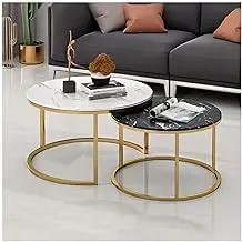 sama steel center table consisting of two pieces with dimensions : diameter 80cm * height 45cm and diameter 60cm made of steel with gold electrostatic coating and marble