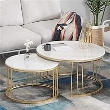 sama steel center table consisting of two pieces with dimensions : diameter 80cm * height 45cm and diameter 60cm made of steel with gold electrostatic coating