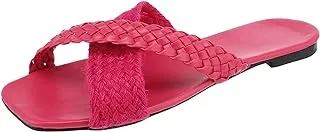 AUUXVA SOUL 2 SOLE Trendy criss-cross flat slippers, a combination of a braided strap and a canvas strap,FUCHSIA,37