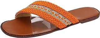 AUUXVA SOUL 2 SOLE Flat soft paded slippers,handmade tabular criss cross strap× transparent strap,ORANGE,39