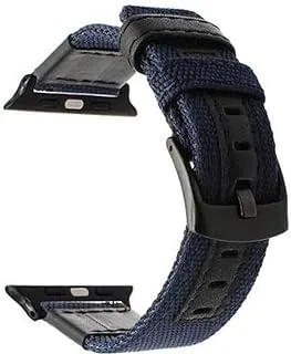 Generic Apple Watch Series 7 Band 45mm Nylon And Natural Leather Strap With Metal Buckle -Blue Black