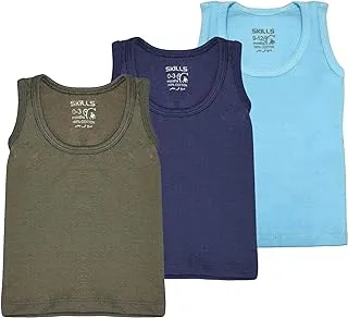 Skills Cotton Set Of 3 Pieces Plain Sleeveless Round Neck Undershirt For Unisex-Multicolor-6-9Months