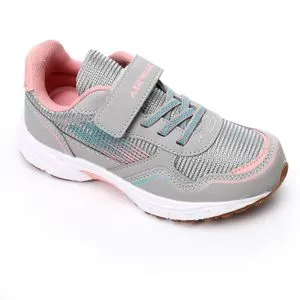 Air Walk Velcro Closure Girls Running Sneakers - Grey & Salmon Pink