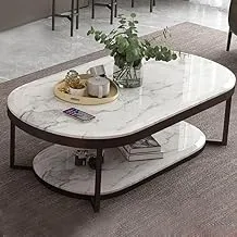 sama steel center table oval shape with dimensions 50cm * 100cm * height 45cm made of steel with black electrostatic coating and white carrara marble above