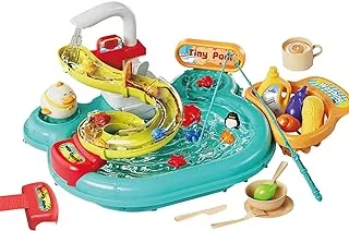 Multi-function Toddler Toy Sink 2-in-1 Kitchen Toys Electric Dishwasher with Running Water Pretend Role Play Toys for Kids with A Water Slide 22pcs Kitchen Accessories 180°Rotatable Water Faucet