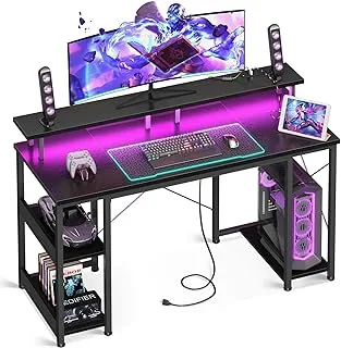 ODK 48 inch Gaming Desk with LED Lights, Computer Desk with Monitor Stand & Storage Sheves, CPU Stand, Home Office Desk, Black