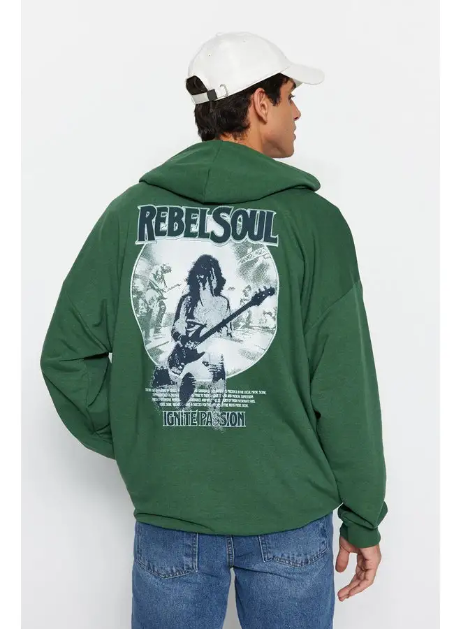 trendyol Green Men's Oversize/Wide-Cut Hoodie with Rock Music Print Thick Sweatshirt.