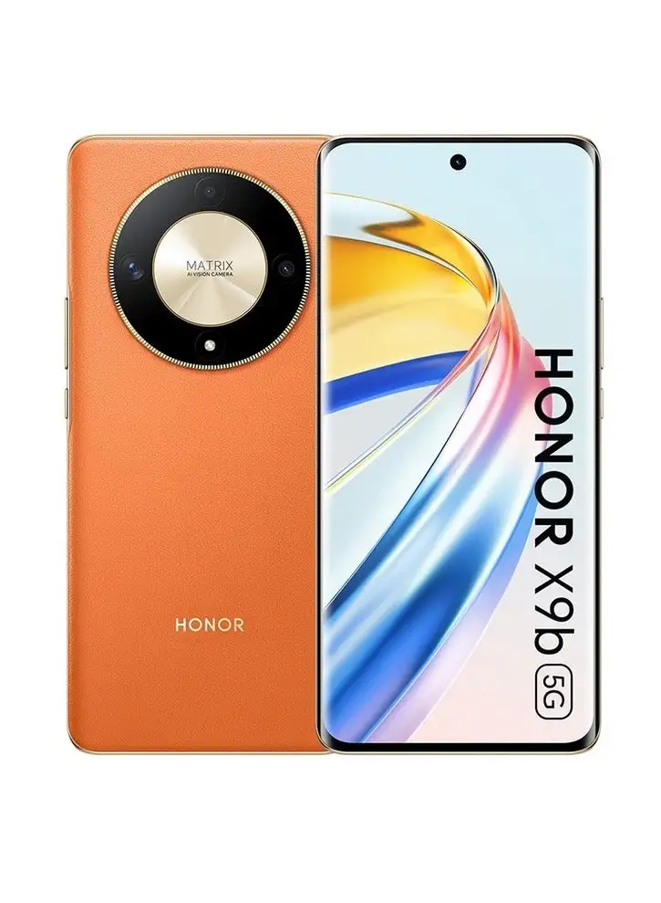 هاتف Honor X9b ثنائي الشريحة باللون البرتقالي، وذاكرة الوصول العشوائي (RAM) سعة 12 جيجابايت، وذاكرة تخزين داخلية 256 جيجابايت، ويدعم شبكة الجيل الخامس 5G - إصدار الشرق الأوسط
