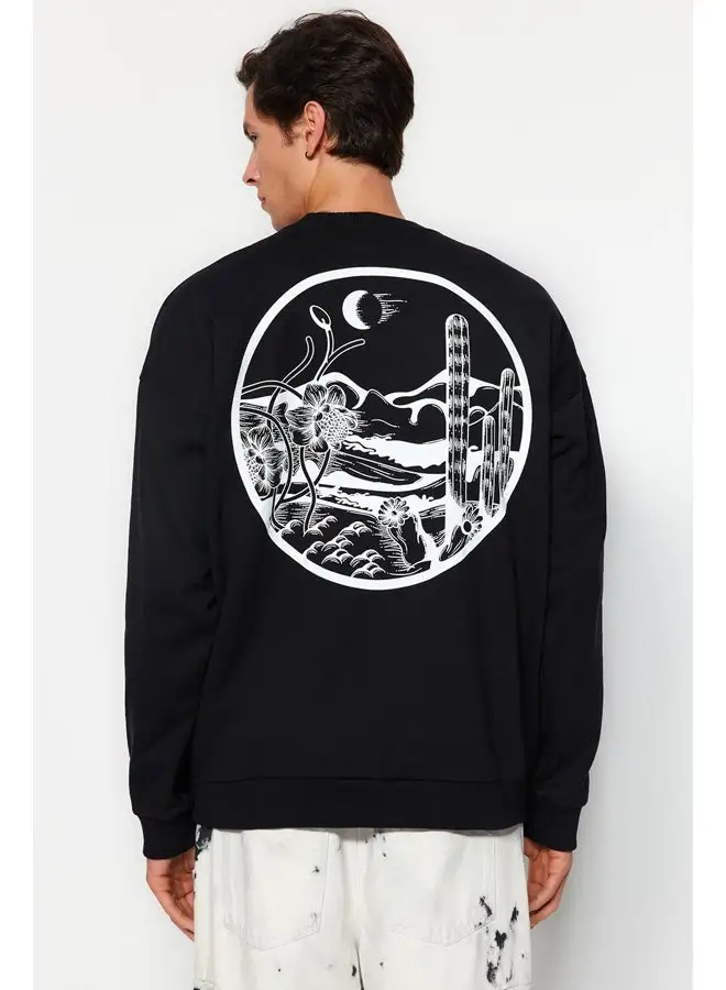 trendyol Men's Black Oversized Tropical Back Printed Sweatshirt with Soft Pillows and Cotton TMNAW22SW0796.