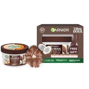 Garnier Ultra Doux Smoothing Coconut 3-In-1 Hair Food For Frizzy Hair - 390Ml + Free Brown Scrunchy