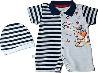 Baby Shoora Cotton Set of 2 Pieces Half Sleeves Bodysuit&Hat Printed Dog For Boys-Multicolor-0-3Month