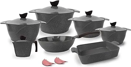 Master granite set 16 pieces (pot 18-20 - 24-28 - deep frying pan 28 - labneh 16 - casserole 31-4 mask) Color: gray - Model: Flower