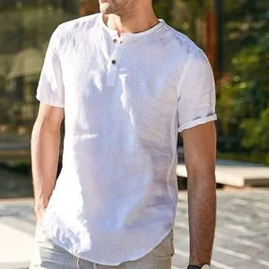 Fashion Round Neck Solid Color Short Sleeve Men's Casual Vintage Collar Short-White