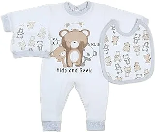 Papillon Cotton Set Of 3 Pieces Long Sleeves Bodysuit,Bib&Hat Printed Animals For Unisex-Off White&Grey-0-3Month