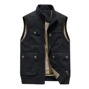 Fashion Velvet Thick Vests For Man Steampunk Waistcoat Zipper Closed Multi-pocket Vest Groomsmen Wedding Vests Men Clothing Black