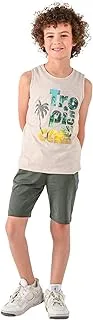 Jockey M M Cotton Set Of 2 Pieces Sleeveless T-Shirt&Shorts Printed Tropical For Boys-Beige&Olive-7Year