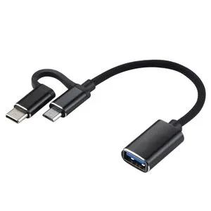 11 سنتيمتر USB 3.0 أنثى إلى المصغّر USB + USB-C / Type-C ذكر شحن + نقل OTG النايلون مضفر كابل محول