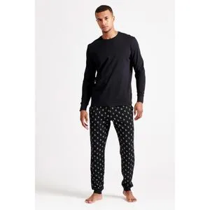 Debenhams 1PK MENS PENGUIN LS TEE & CUFFED AOP TRS BLACK