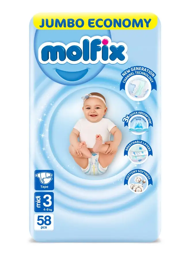 Molfix 58 Piece -Midi Comfort Fix Diapers 3D Size 3 Jumbo Pack 4 to 9 Kg