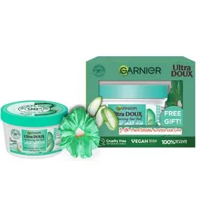 Garnier Ultra Doux غذاء الشعر المرطب بالصبار 3 في 1 للشعر العادي - 390 مل + ربطة شعر خضراء مجانية