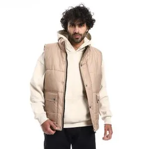 Everest Sleeveless Zipper And Press Button Closure Vest - Beige