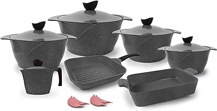 Master granite set 16 pieces (pot 18-20 - 24-28 - grill 28 - labneh 16 - casserole 31-4 mask) Color: gray - Model: Flower