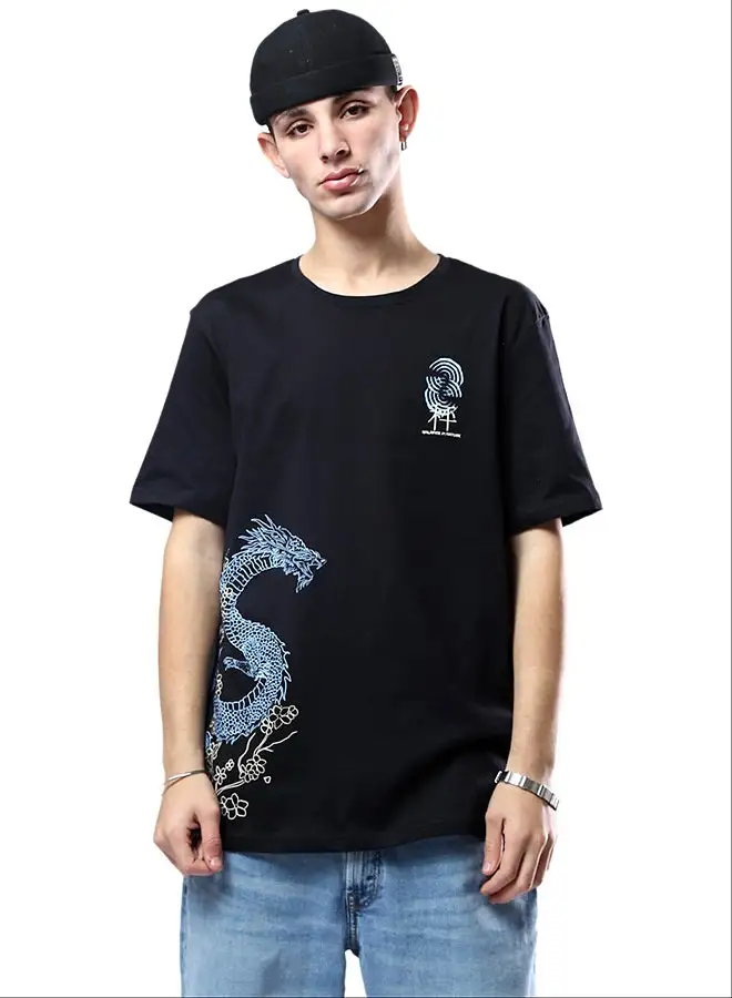 RAVIN Black Crew Neck Tee with Printed Dragon