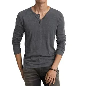 Men Long Sleeve Henley Grandad Cotton Tee Tops