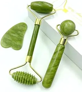 مجموعة التدليك Jade Roller Gua Sha: تتضمن أسطوانة حجر اليشم الطبيعي 3 في 1، ومدلك للوجه، وأداة معالجة العين للبشرة المشعة، وتعزيز روتين العناية بالبشرة باستخدام أسطوانة اليشم