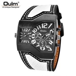 Oulm Classic Style Two Time Zone Men's Wrist Watch PU Leather Wristwatches Male Quartz Clock Casual Man Hours