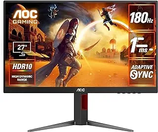 شاشة ألعاب AOC 27G4 27 (IPS)، شاشة FHD 1920×1080، 180 هرتز، 1 مللي ثانية (GtG)، HDR10، HDMI 2.0 x 1، DisplayPort 1.4 x 1، مزامنة متكيفة، 16.7 مليون لون عرض، حامل قابل للتعديل، أسود وأحمر