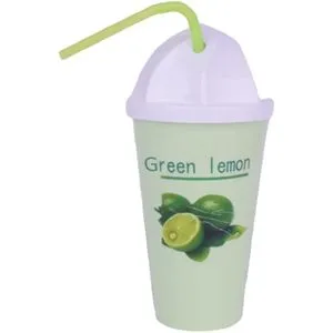 Plastic Drinking Cup With Pipette With Green Lemon Design Mint Green White