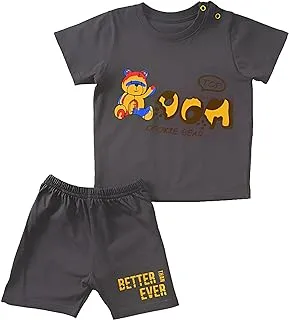 Jockey M M Cotton Set Of 2 Pieces Half Sleeves T-Shirt&Shorts Printed Cookie Bear For Boys-Dark Grey-4-8Month