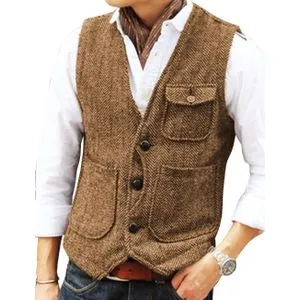 Fashion Casual Tooling Vest Formal Herringbone Tweed V Neck Wool Waistcoat Business Vest Groomman For Wedding Prom Brown