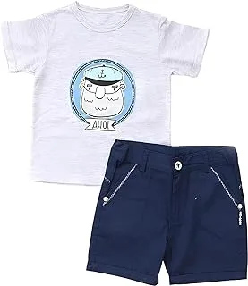 Roses Garden Sika Cotton Set Of 2 Pieces Half Sleeves T-Shirt&Short Printed Men For Boys-Light Grey&Navy-5Years