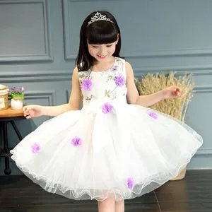 Fashion Girls Lace Flower Sleeveless Dance Princess Dress - Purple