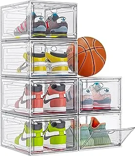 Sturdy Durable Plastic Shoe Organizer, Shoe Box with Magnetic Door, 6 Pack Shoe Organizer for Sneaker Storage, Shoe Boxes Clear Plastic Stackable for Closet, Shoe Containers, Shoe Display Case, White