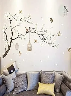 Floral Wall Sticker Beautiful White Cherry Blossom Peach Flower Wall Sticker Birds and Flowers Pastoral Style Wall Decals for Living Room and Bedroom TV Background Stickers