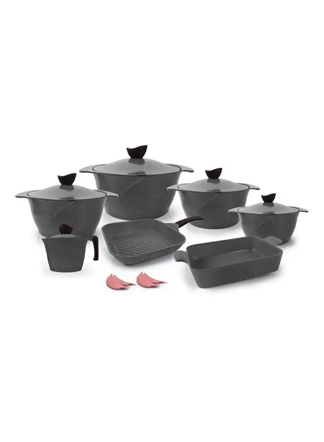 Master 16Pieces Flower Granite Cookware Set Pot 18 - 20 - 24 - 28 - Grill 28 - Labneh 16 - Casserole 31 - 4 pot holder -Grey