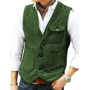 Fashion Casual Tooling Vest Formal Herringbone Tweed V Neck Wool Waistcoat Business Vest Groomman For Wedding Prom Green